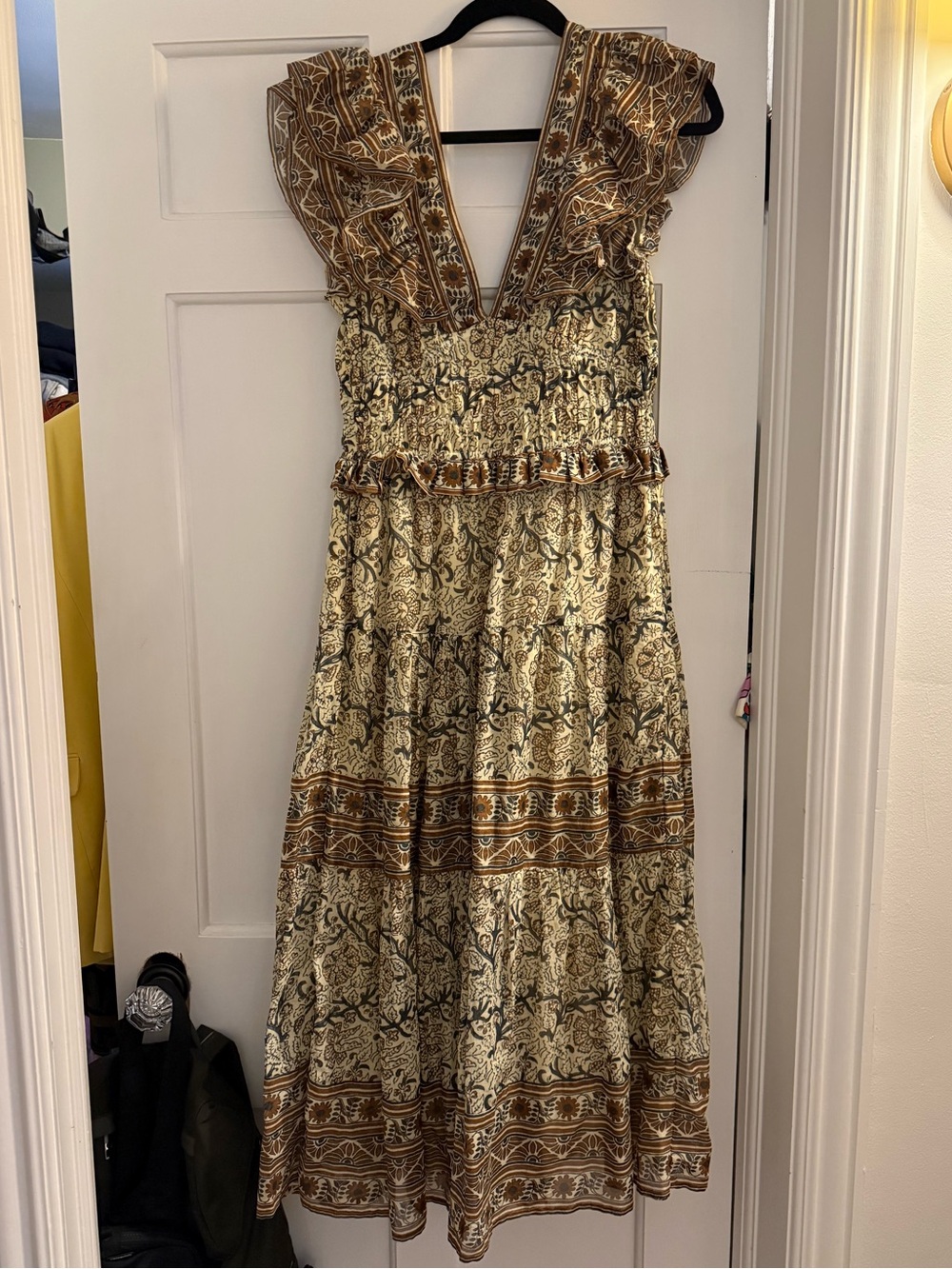 Sea New York Cream and Brown Tiered V-Neck Maxi Dress